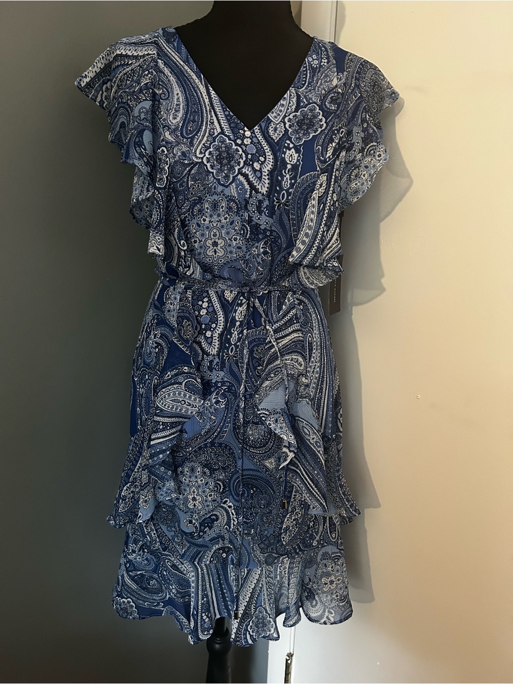 NWT Tommy Hilfiger Blue Paisley Ruffle Waist Dress - Women's
